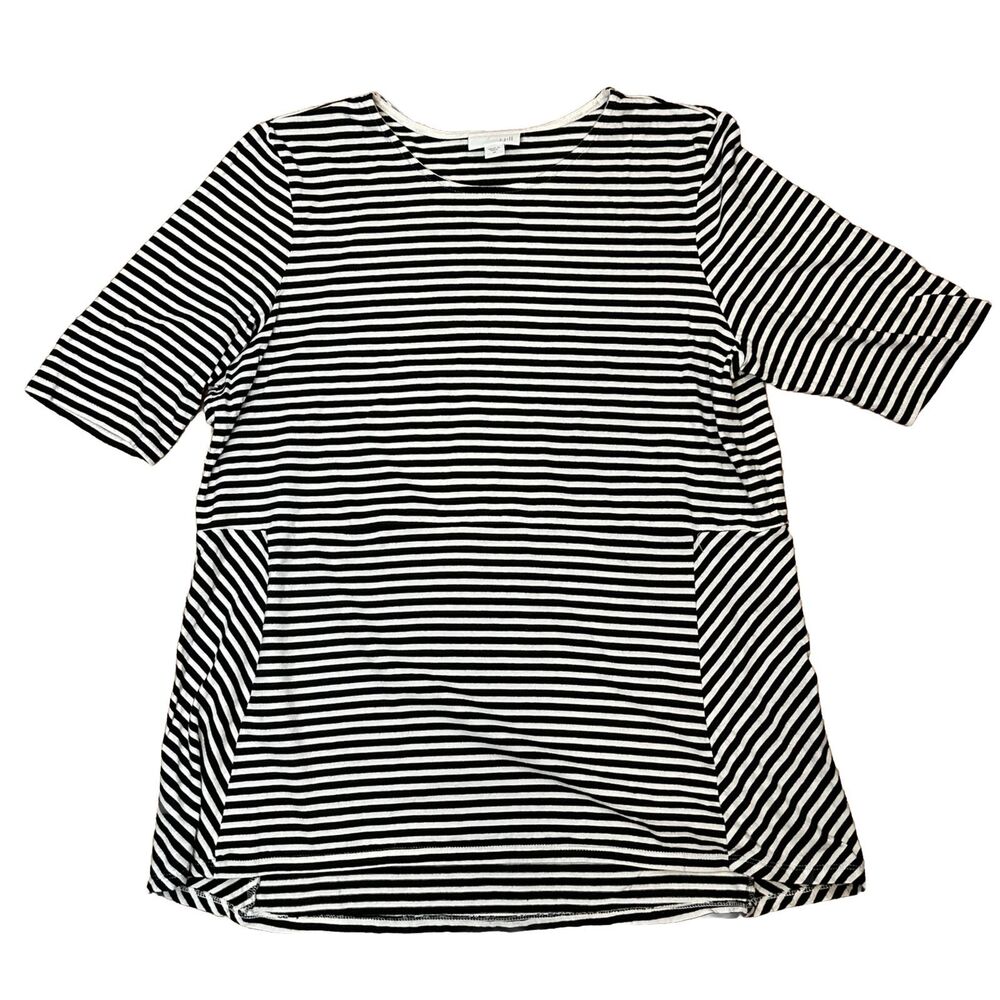 J Jill Medium Top Black White Stripe Short Sleeve Blouse 100% Cotton Classic Tee